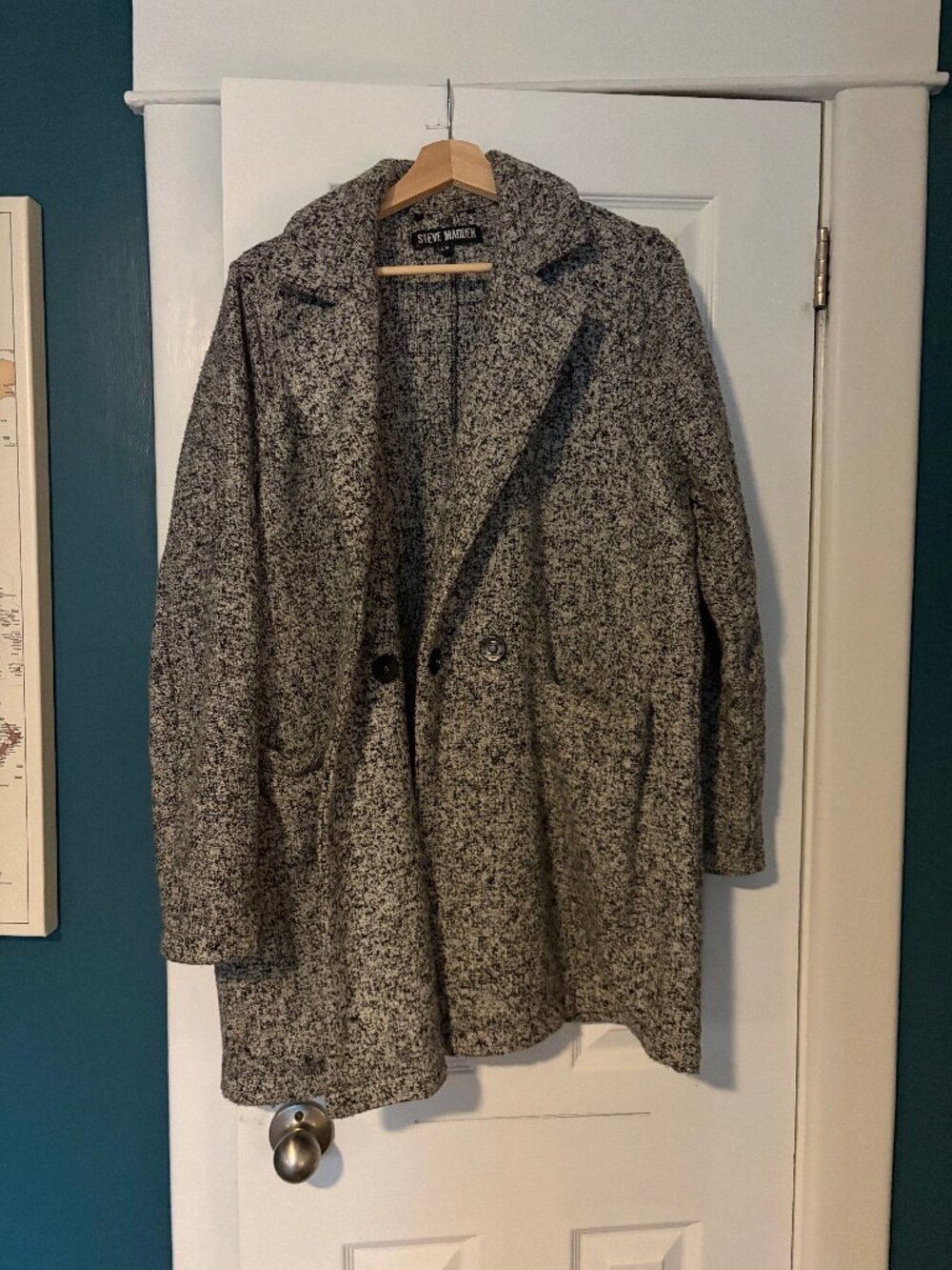 Steve Madden Women's Tweed Boucle Knit Coat Black White Speckled Car Coat L